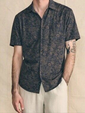 Faherty Hermosa Knit Floral Short-Sleeve Button-Down Shirt Charcoal Gold Bouquet